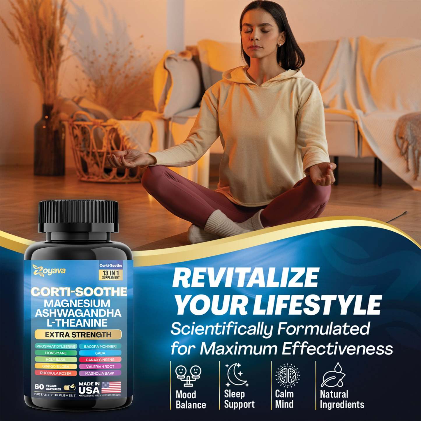 Zoyava™ Ultimate Corti-Soothe Balance: Stress Relief, Calm, and Cognitive Boost - 60 Caps