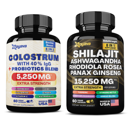 Zoyava™ Powerful Duo for Immunity, Gut Health, and Vitality: Bovine Colostrum Capsules 5250MG & Shilajit Power ShilaStrength Blend 15,250MG