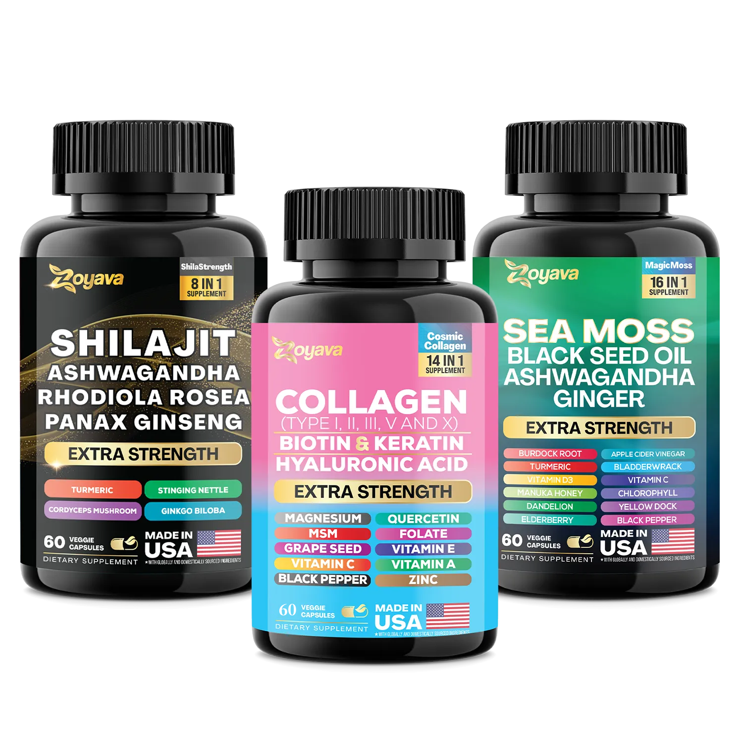 Zoyava™ Vitality & Radiance Trio: Sea Moss 16-in-1 Magic Blend +Shilajit 8-in-1 Bulletproofblend+Collagen 14-in-1 Anti-Agingprotein Blend