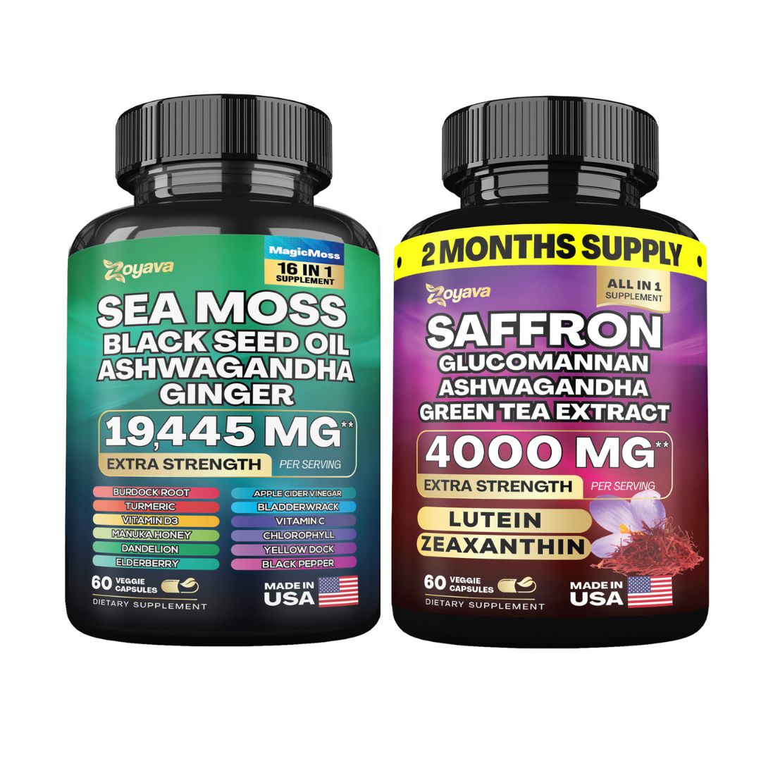 Zoyava™ Harmonize Health and Vitality: Sea Moss 16-in-1 Magic Moss Super Blend 19,445MG & Saffron ZestyZen Powerhouse 4,000MG