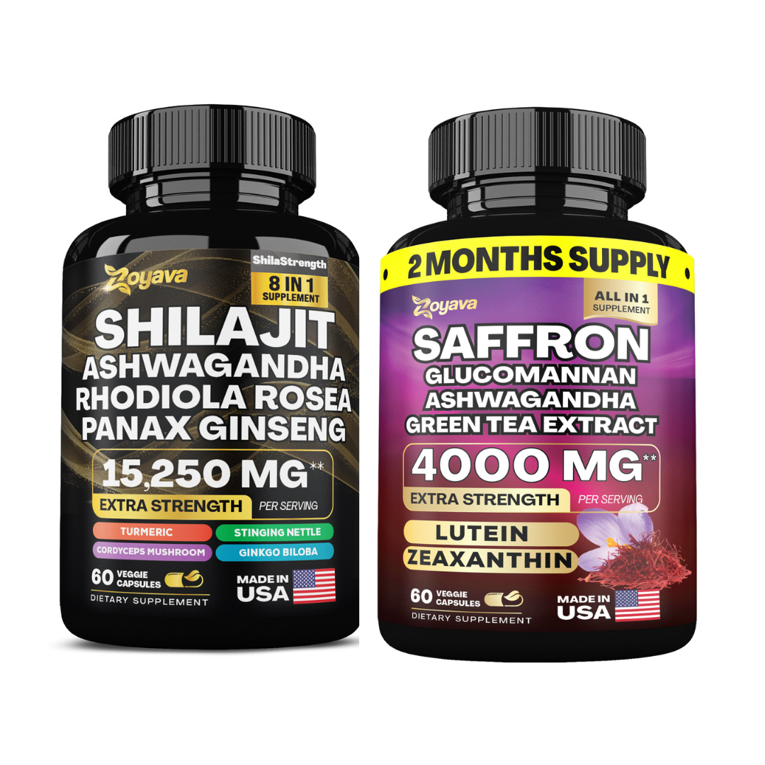Zoyava™ Elevate Your Vitality & Wellness: Shilajit Power ShilaStrength Blend 15,250MG & Saffron ZestyZen Powerhouse 4,000MG