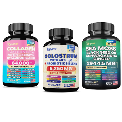 Zoyava™ Radiant Beauty Trio- Bovine Colostrum Supplement 5250 MG, Sea Moss 16-in-1 Magic Moss Super Blend - 19,445MG, and Cosmic Collagen Beauty Complex - 64,000MCG