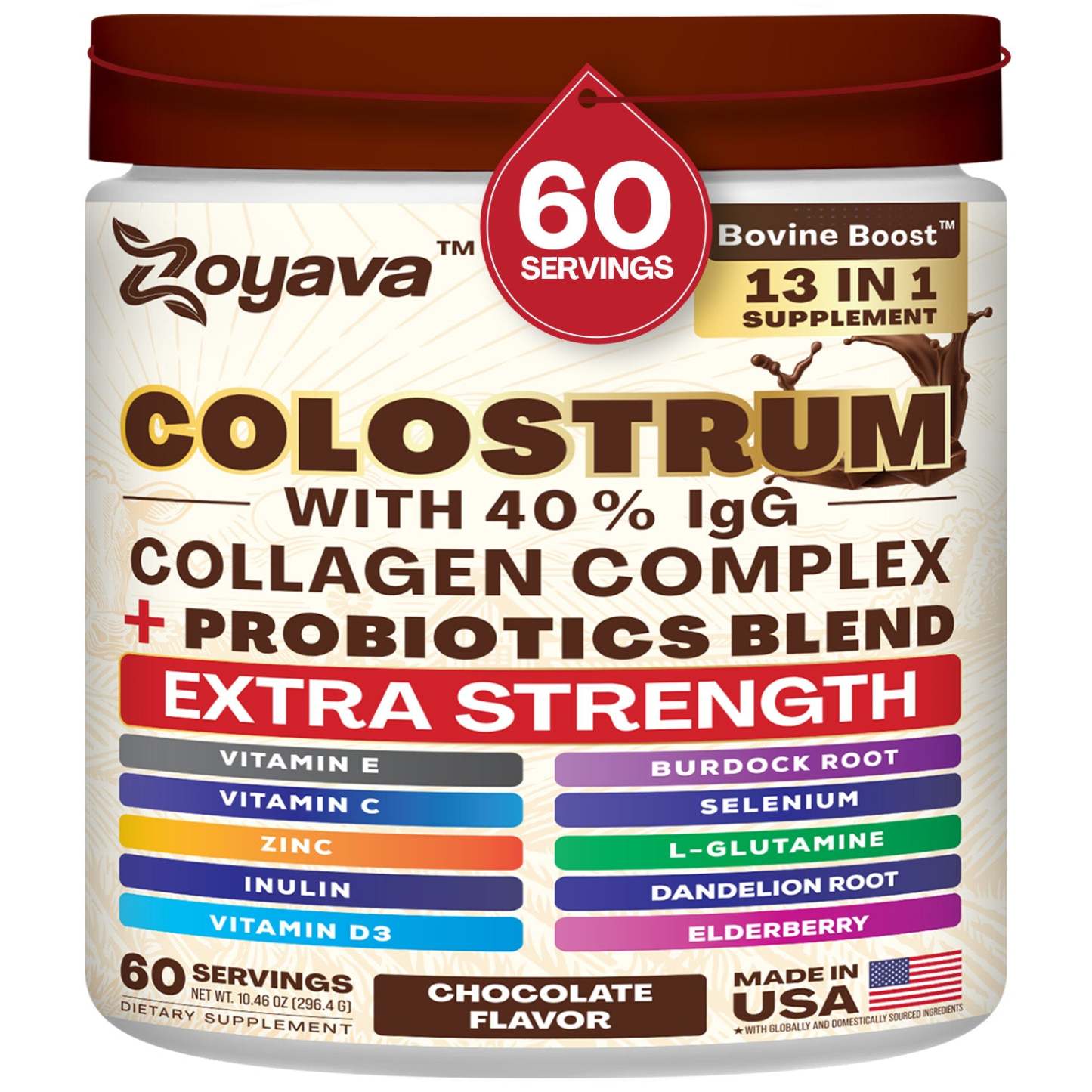 Zoyava™ Colostrum Powder – 40% IgG, 13-in-1 Extra Strength Formula with Collagen, Probiotics & Immune Support