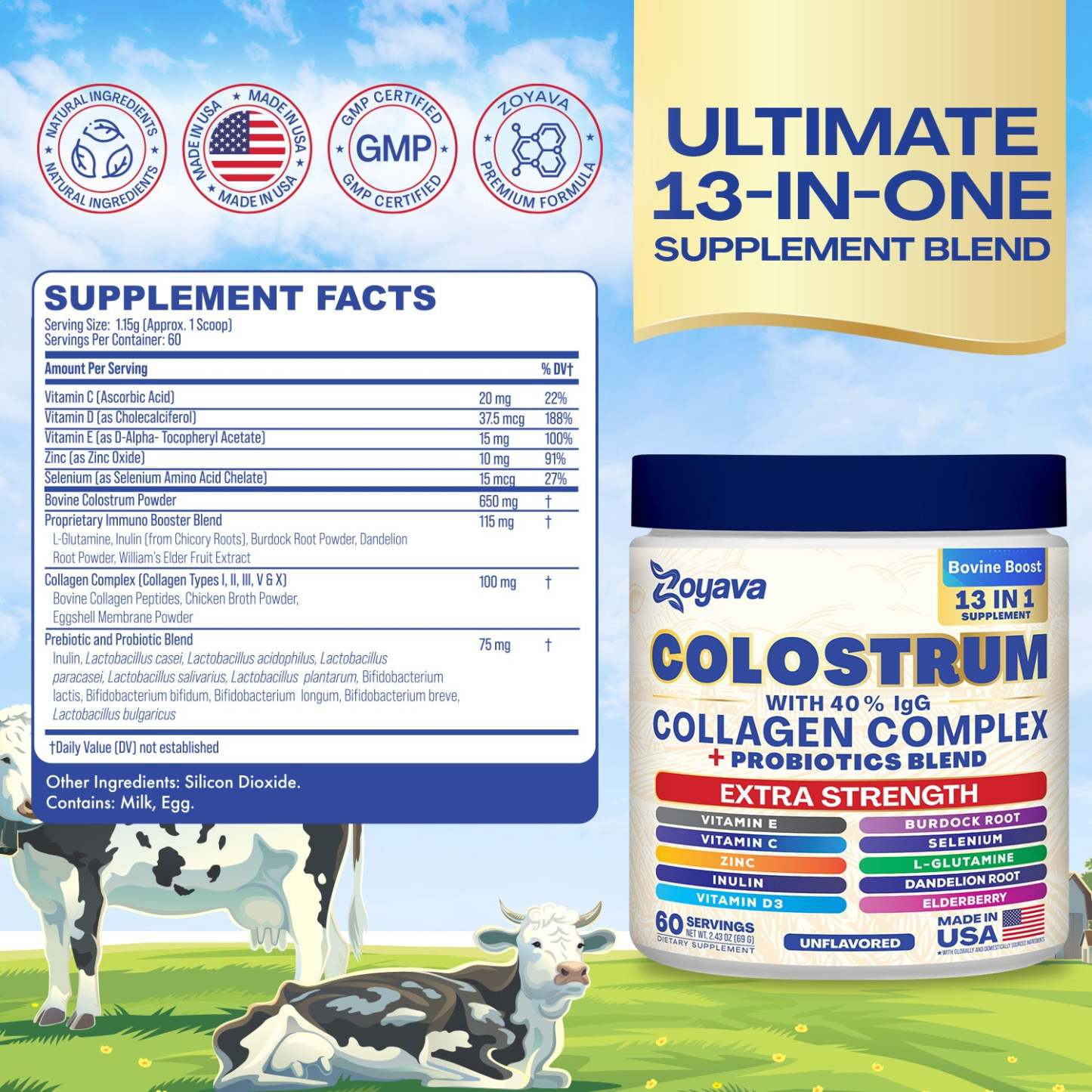Zoyava™ Colostrum Powder – 40% IgG, 13-in-1 Extra Strength Formula with Collagen, Probiotics & Immune Support