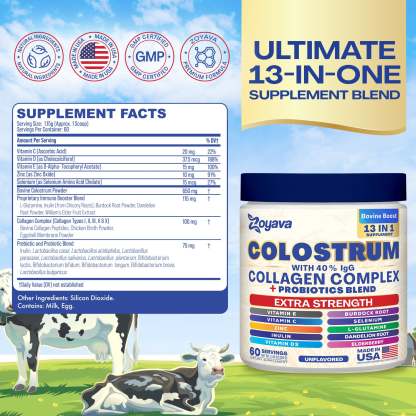 Zoyava™ Colostrum Powder – 40% IgG, 13-in-1 Extra Strength Formula with Collagen, Probiotics & Immune Support