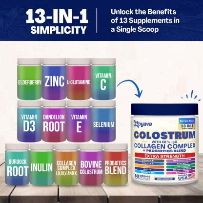 Zoyava™ Colostrum Powder – 40% IgG, 13-in-1 Extra Strength Formula with Collagen, Probiotics & Immune Support
