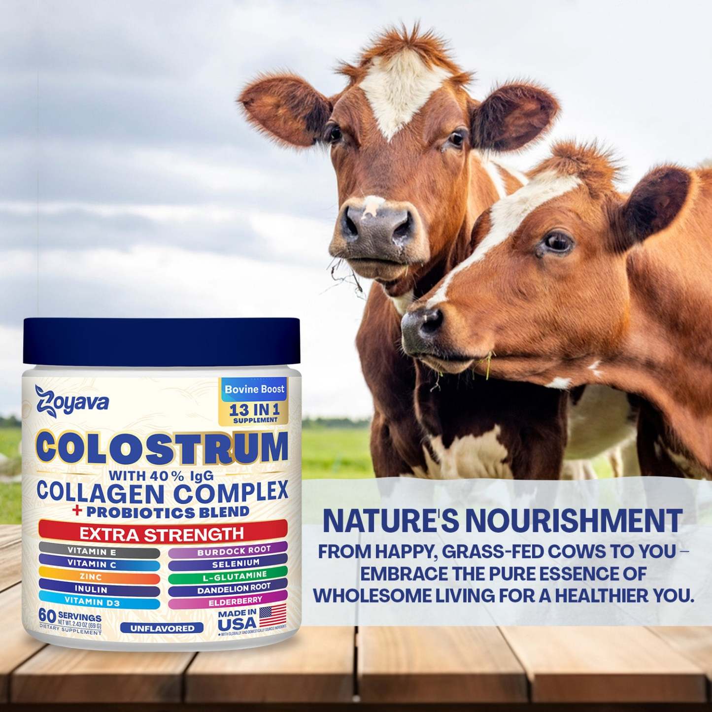 Zoyava™ Colostrum Powder – 40% IgG, 13-in-1 Extra Strength Formula with Collagen, Probiotics & Immune Support