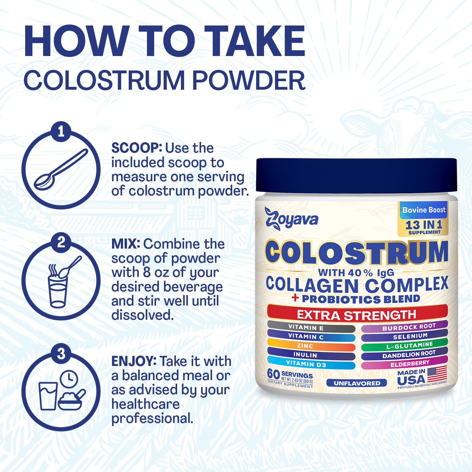 Zoyava™ Colostrum Powder – 40% IgG, 13-in-1 Extra Strength Formula with Collagen, Probiotics & Immune Support