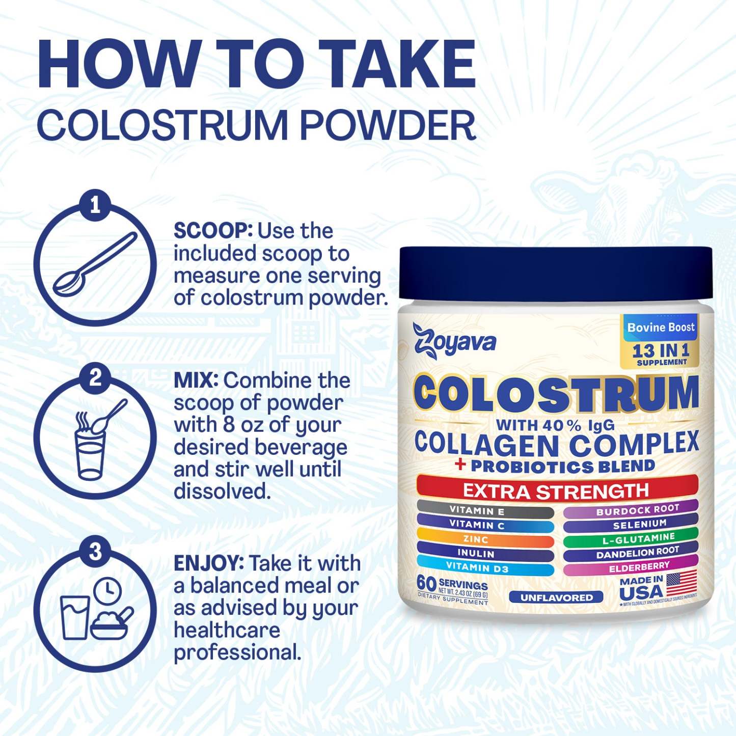 Zoyava™ Colostrum Powder – 40% IgG, 13-in-1 Extra Strength Formula with Collagen, Probiotics & Immune Support
