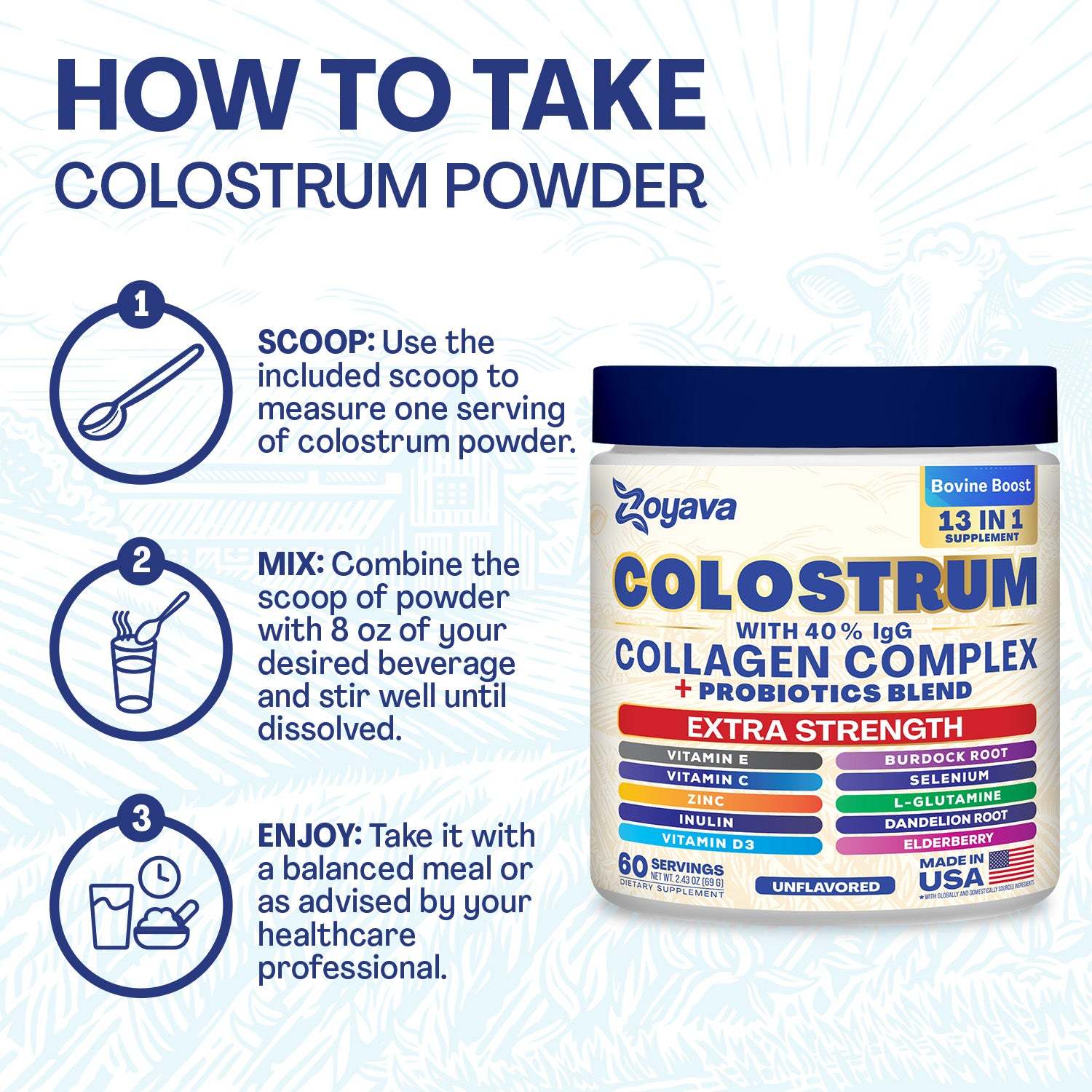 Zoyava™ Colostrum Powder – 40% IgG, 13-in-1 Extra Strength Formula with Collagen, Probiotics & Immune Support