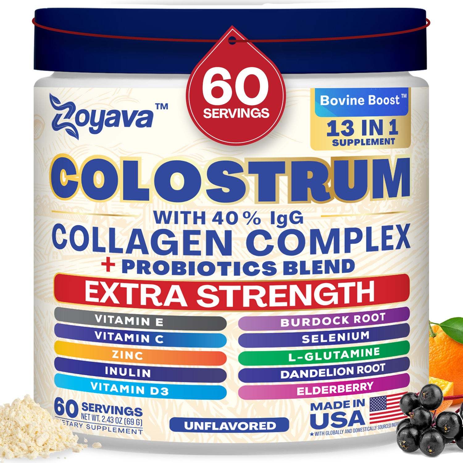 Zoyava™ Colostrum Powder – 40% IgG, 13-in-1 Extra Strength Formula with Collagen, Probiotics & Immune Support