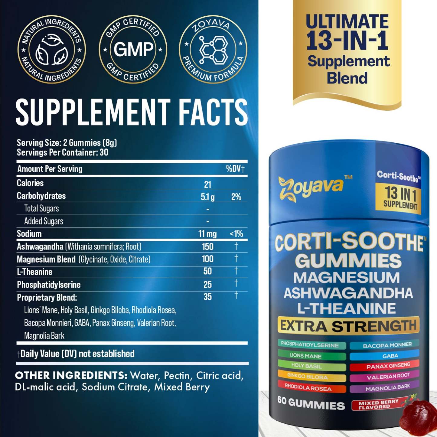 Zoyava™ Ultimate Corti-Soothe Balance: Stress Relief, Calm, and Cognitive Boost - 60 Mixed Berry Gummies