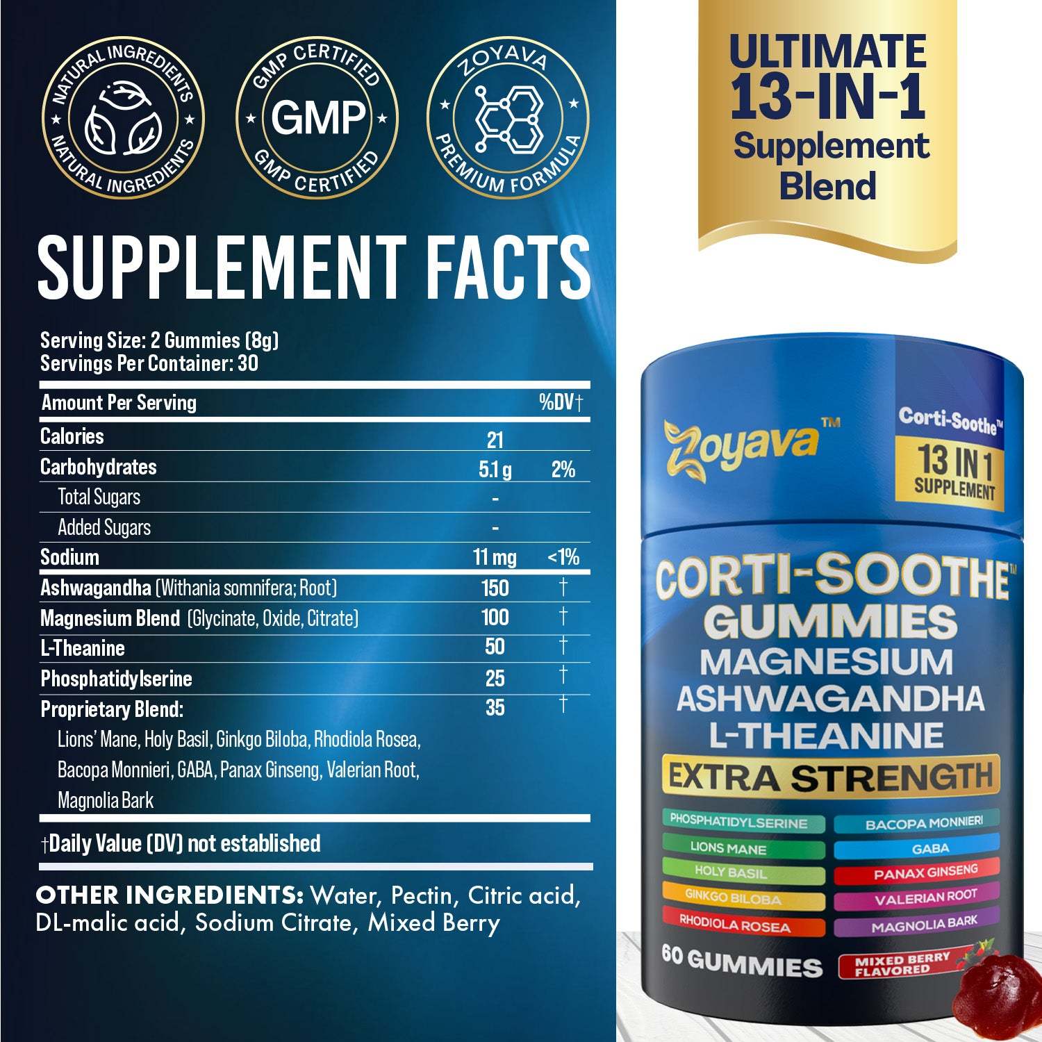Zoyava™ Ultimate Corti-Soothe Balance: Stress Relief, Calm, and Cognitive Boost - 60 Mixed Berry Gummies