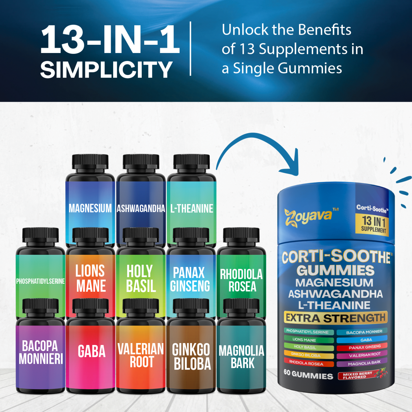 Zoyava™ Ultimate Corti-Soothe Balance: Stress Relief, Calm, and Cognitive Boost - 60 Mixed Berry Gummies