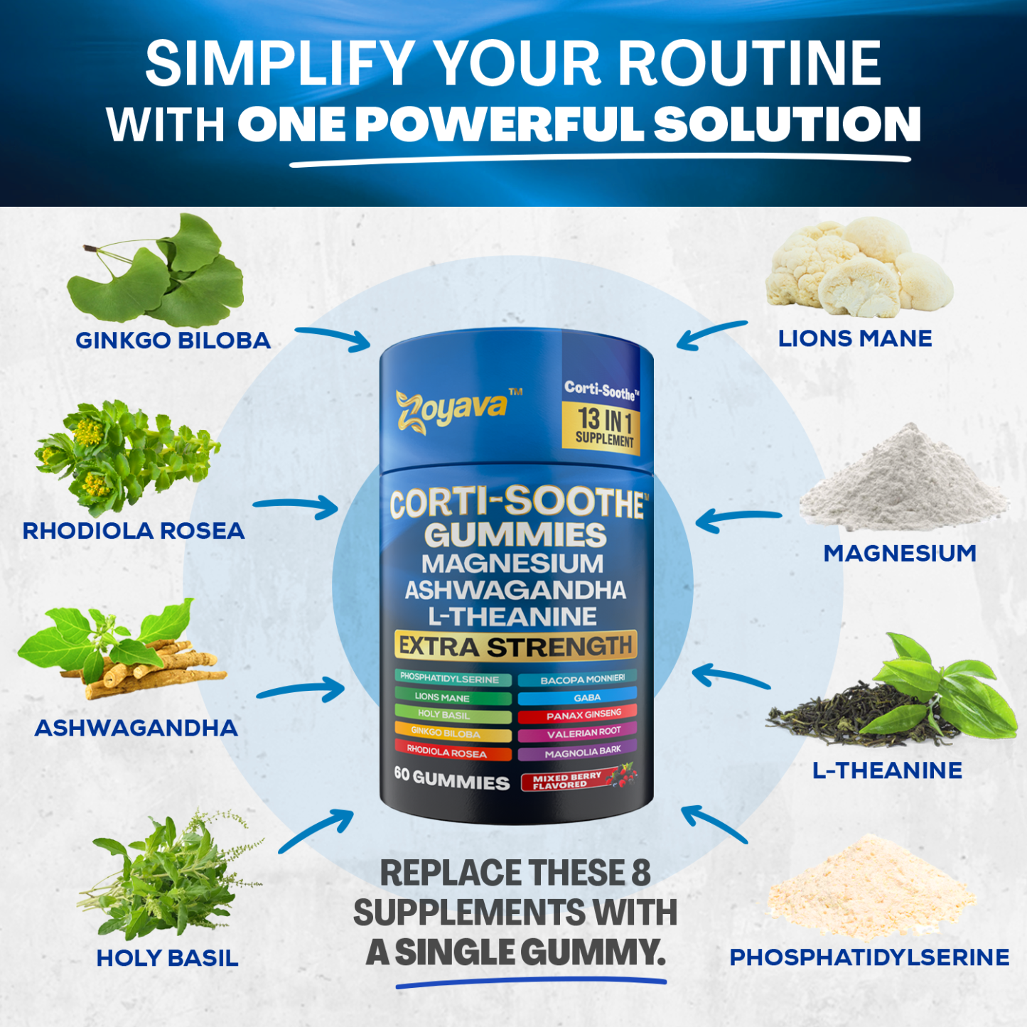 Zoyava™ Ultimate Corti-Soothe Balance: Stress Relief, Calm, and Cognitive Boost - 60 Mixed Berry Gummies