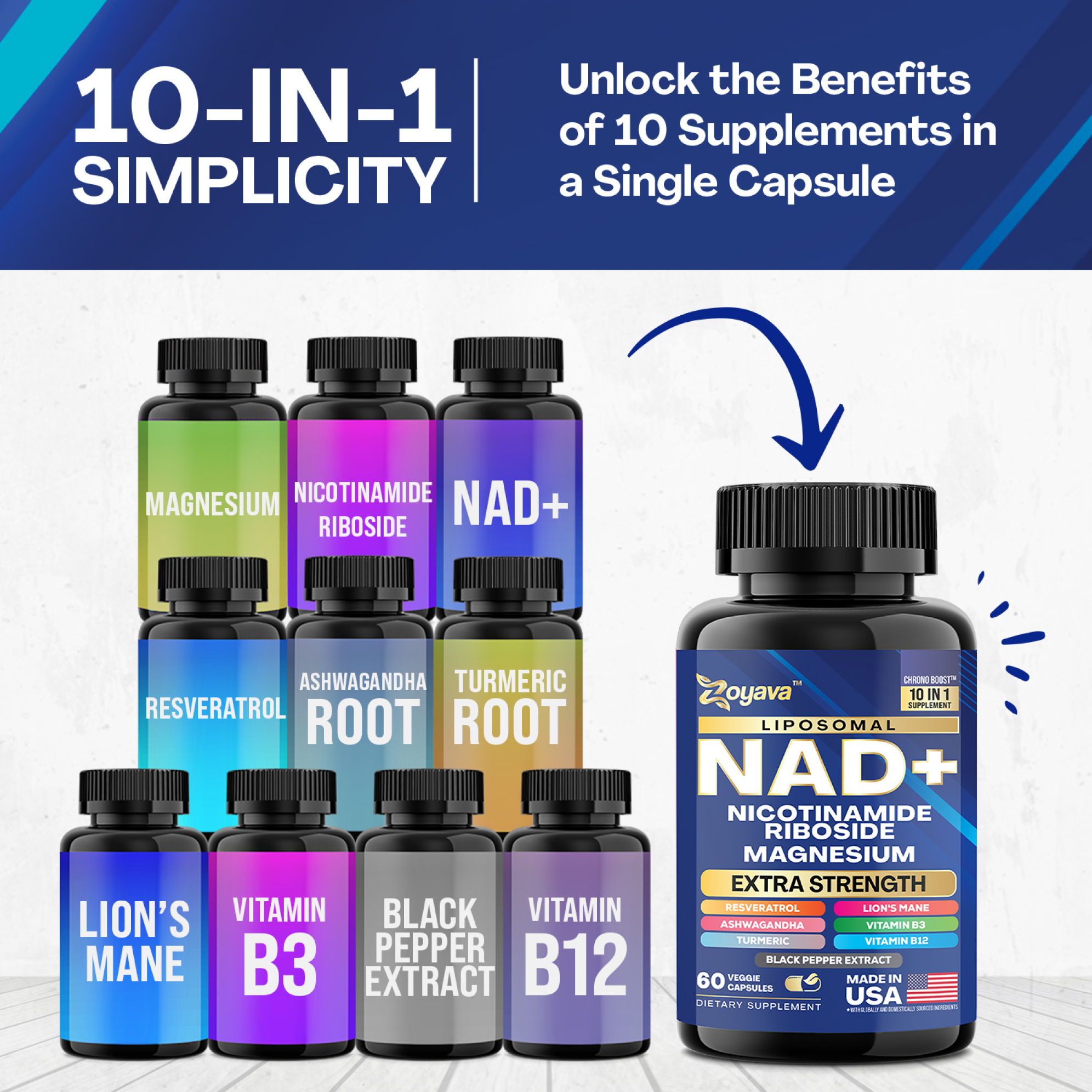 Zoyava™ 10-in-1 NAD+ Anti-Aging & Wellness Capsules – Skin, Immunity, Longevity & More