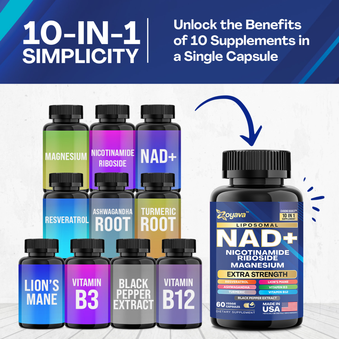 Zoyava™ 10-in-1 NAD+ Anti-Aging & Wellness Capsules – Skin, Immunity, Longevity & More