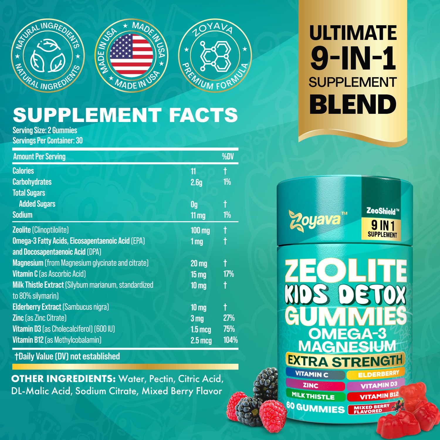 Zoyava™ Zeolite Kids Detox Gummies Mixed Berry Flavored All-in-One 60 Gummies for Detox, Immunity, and Overall Wellness