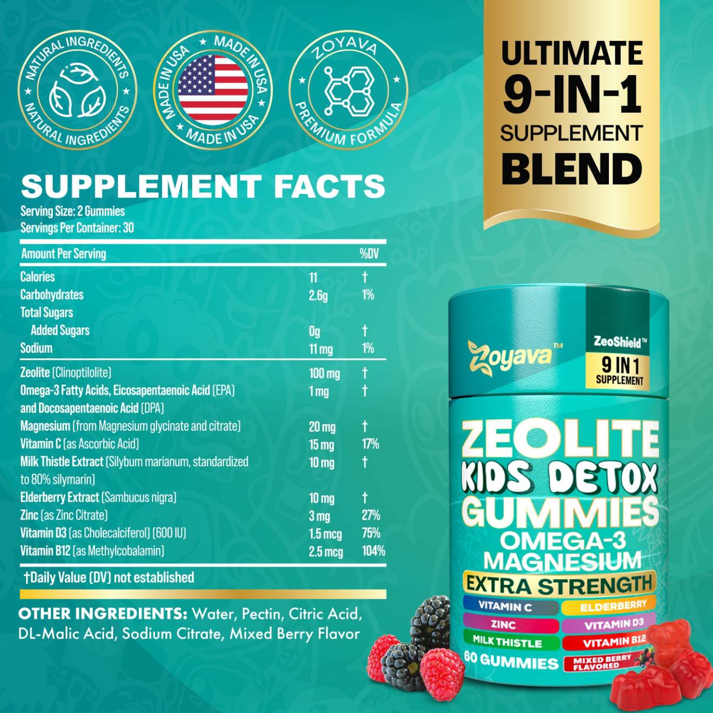 Zoyava™ Zeolite Kids Detox Gummies Mixed Berry Flavored All-in-One 60 Gummies for Detox, Immunity, and Overall Wellness