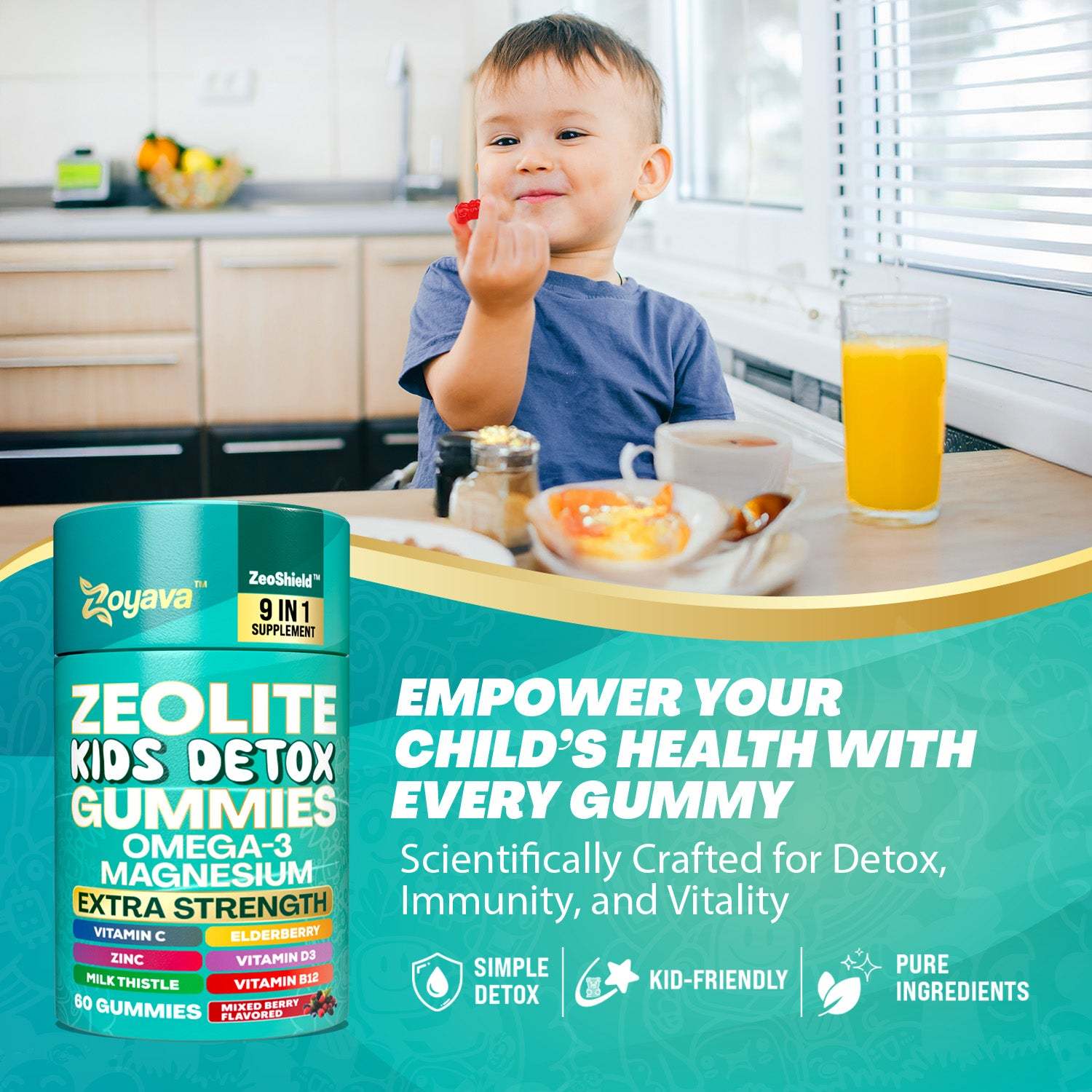 Zoyava™ Zeolite Kids Detox Gummies Mixed Berry Flavored All-in-One 60 Gummies for Detox, Immunity, and Overall Wellness