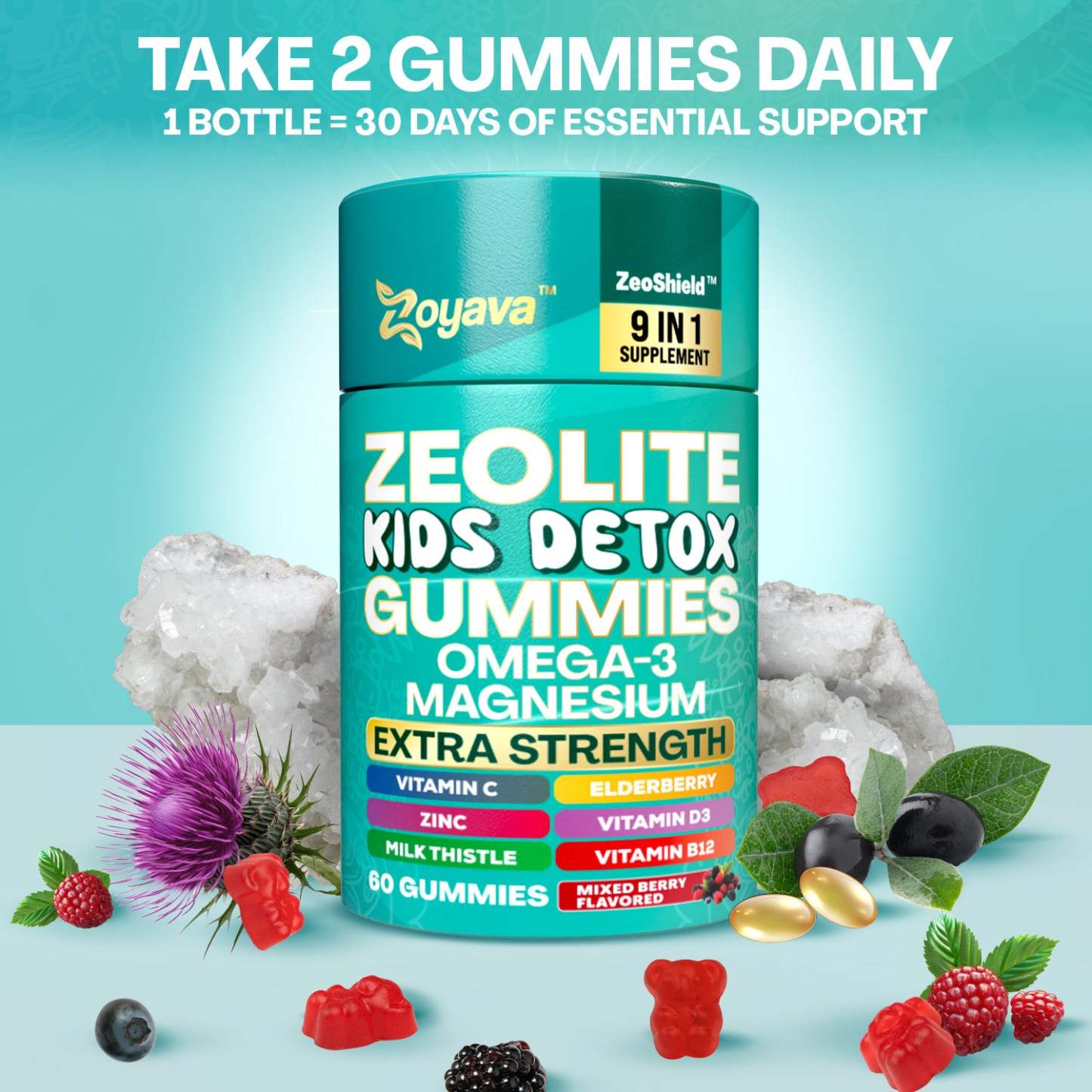 Zoyava™ Zeolite Kids Detox Gummies Mixed Berry Flavored All-in-One 60 Gummies for Detox, Immunity, and Overall Wellness