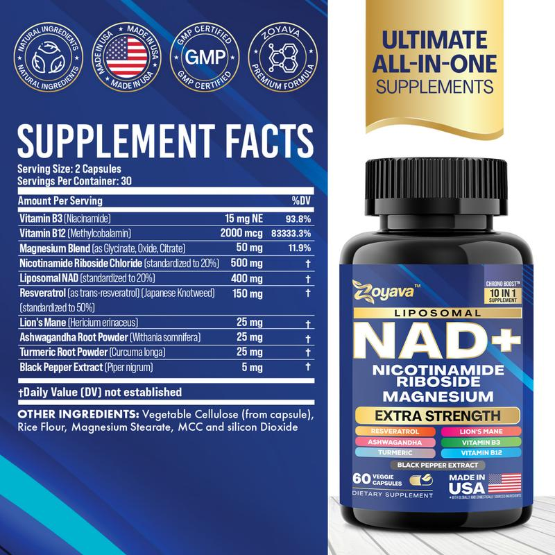 Zoyava NAD+ &Resveratrol All-in-One Supplement Combo forExtra Skin Aging Support, Vitality, & OverallWeliness