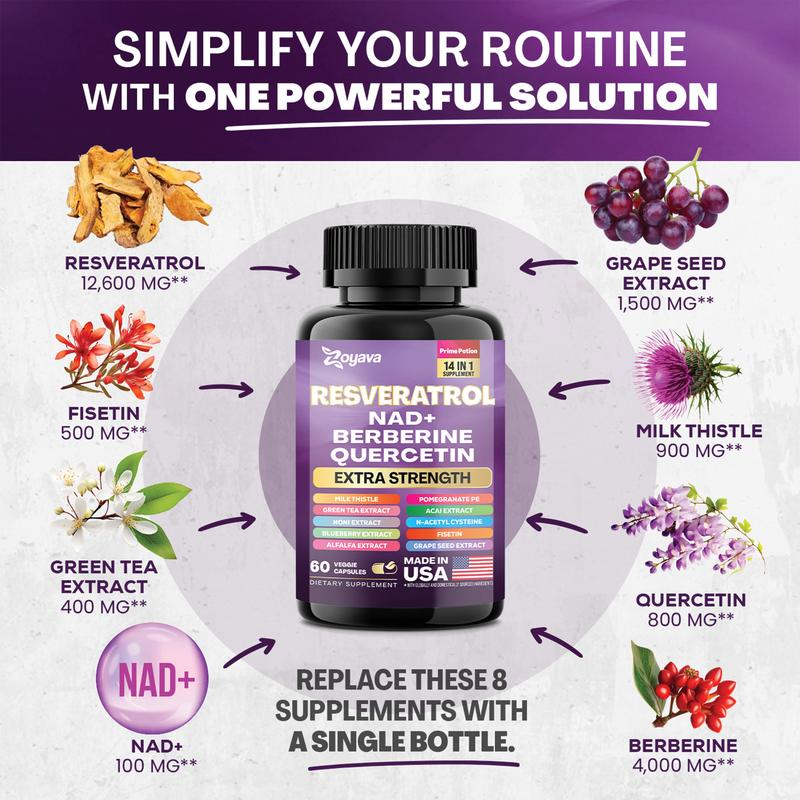 Zoyava NAD+ &Resveratrol All-in-One Supplement Combo forExtra Skin Aging Support, Vitality, & OverallWeliness