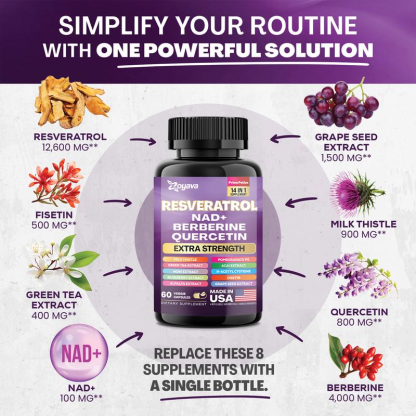Zoyava NAD+ &Resveratrol All-in-One Supplement Combo forExtra Skin Aging Support, Vitality, & OverallWeliness