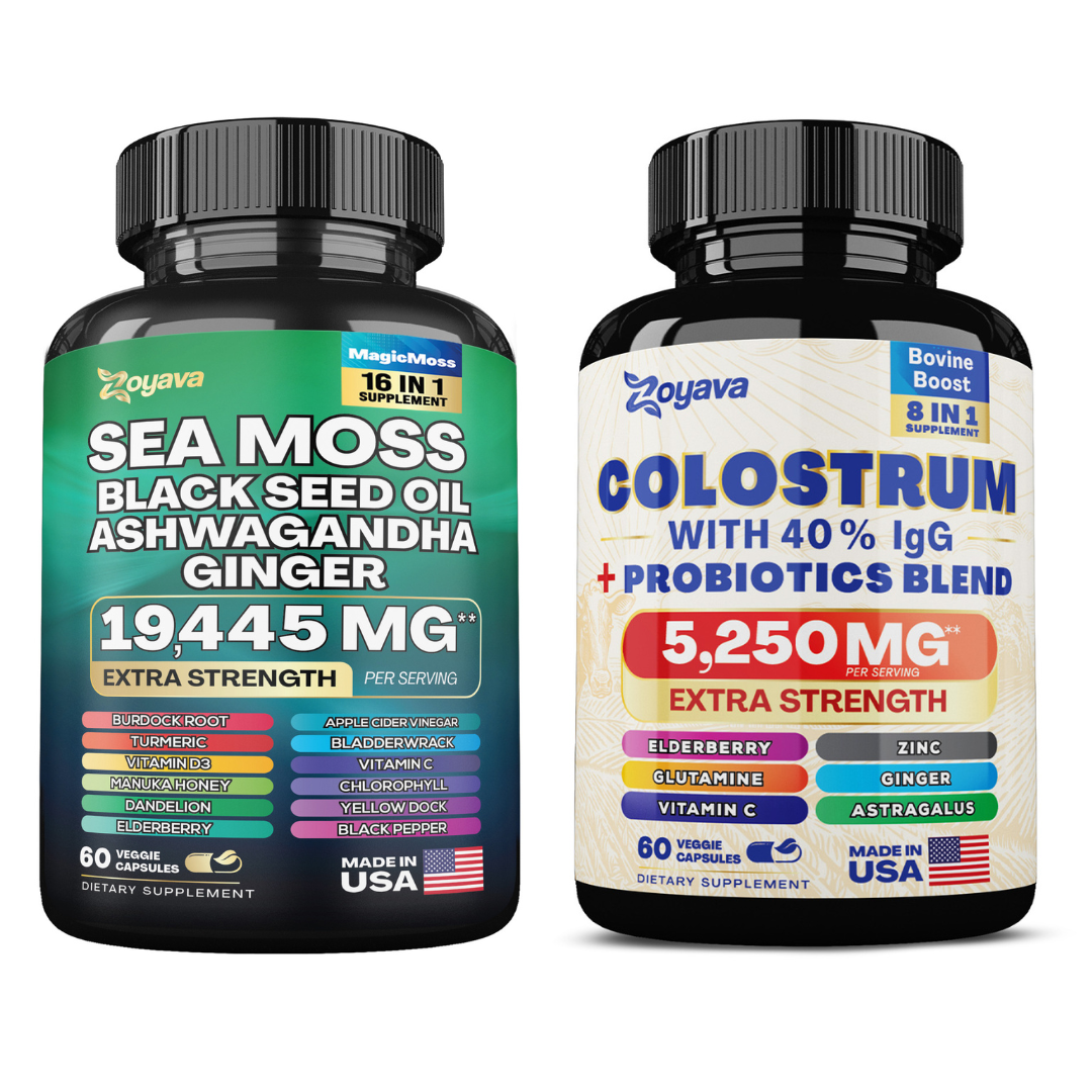 Zoyava™ Vitality Fusion Duo: Highly Potent Bovine Colostrum Capsules 5250MG & Sea Moss 16-in-1 Magic Moss Super Blend Capsules 19,445MG