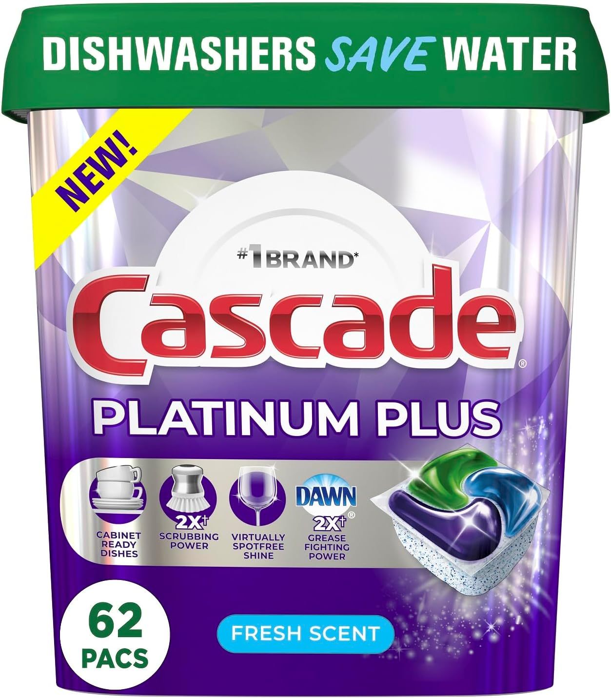 Cascade Platinum Plus Dishwasher Pod, Dish Detergent ActionPacs Dish Pods, Fresh, 52 Count