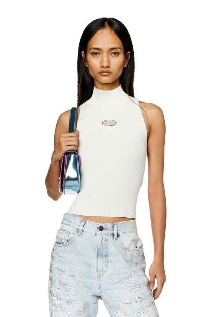 Ribbed-knit turtleneck top- White