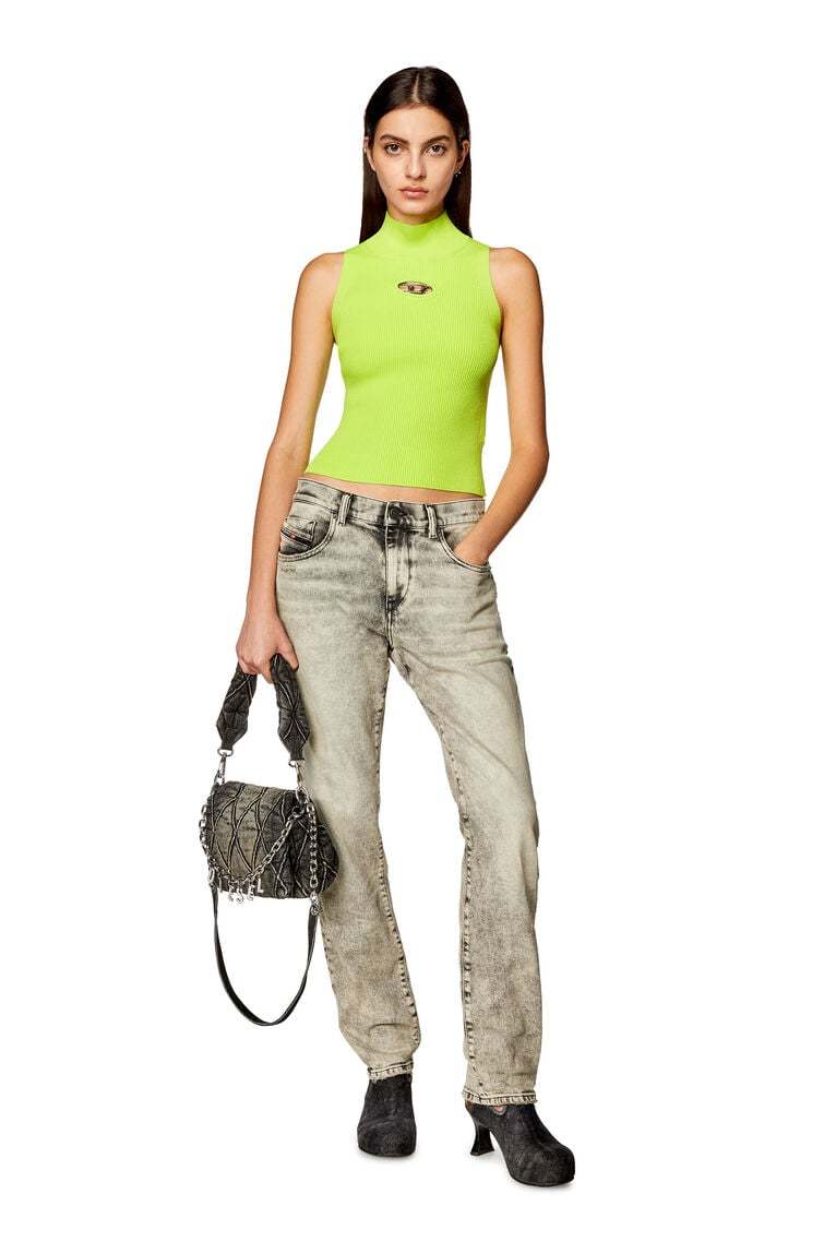 Ribbed-knit turtleneck top- Green Fluo