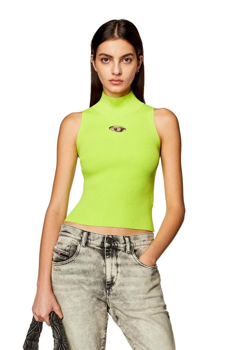 Ribbed-knit turtleneck top- Green Fluo