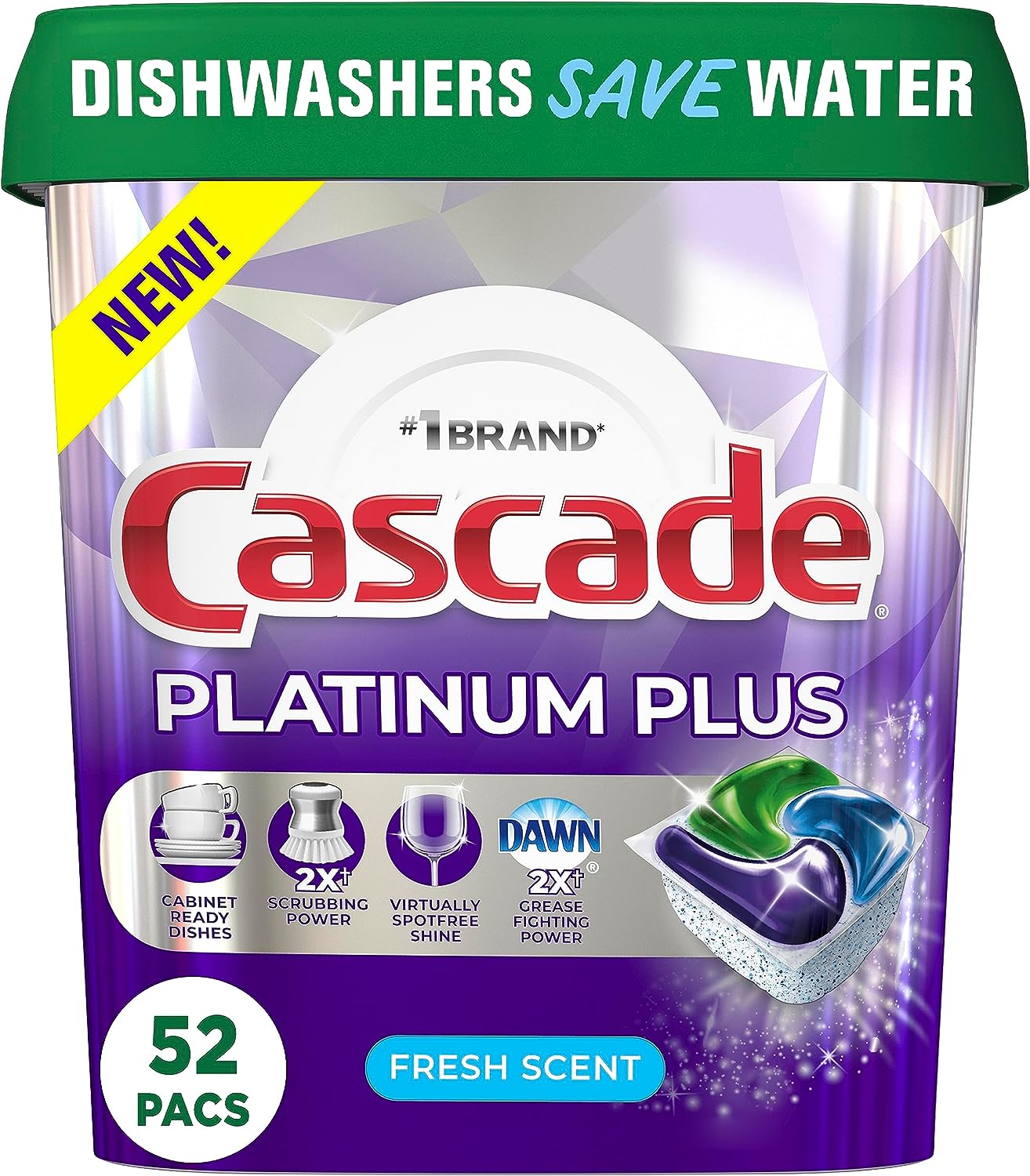 Cascade Platinum Plus Dishwasher Pod, Dish Detergent ActionPacs Dish Pods, Fresh, 52 Count