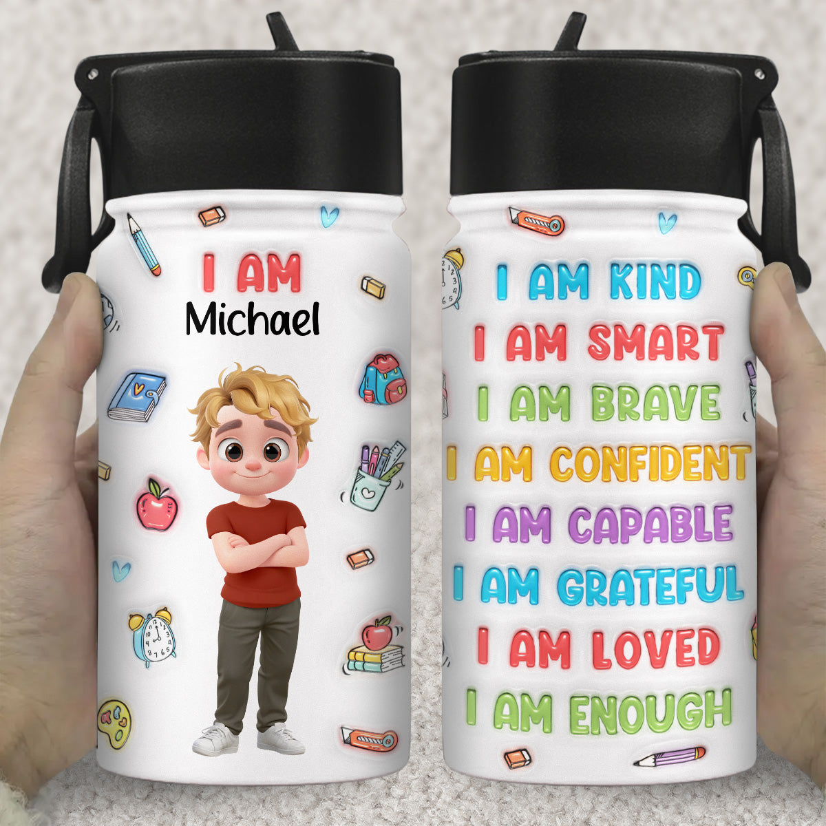 Kind Smart Loved Cartoonize -  3D Inflated Effect Kids Water Bottle
