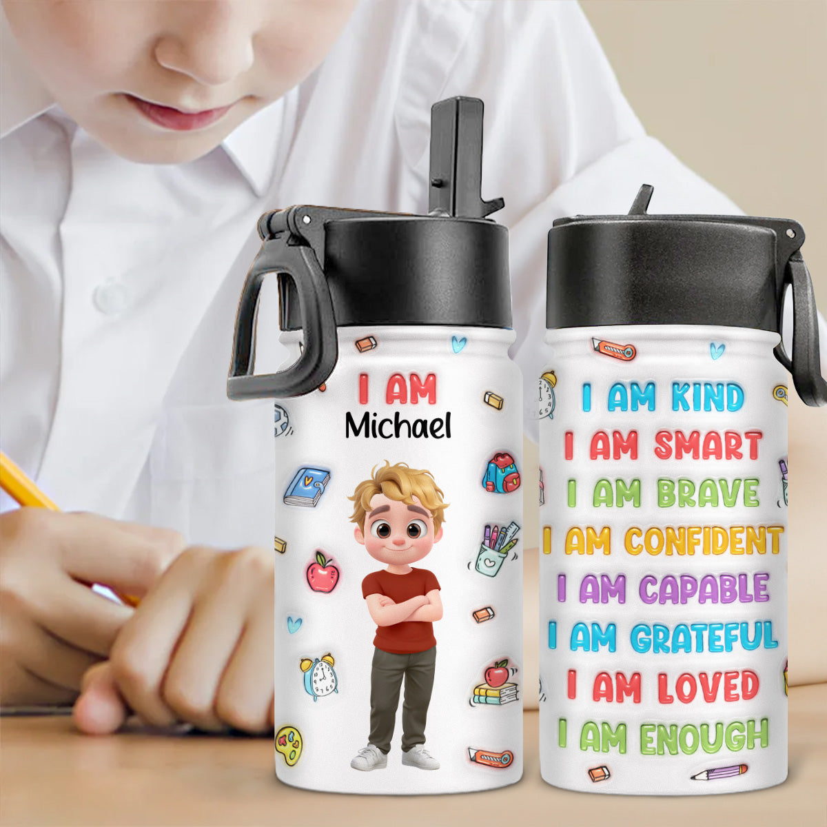 Kind Smart Loved Cartoonize -  3D Inflated Effect Kids Water Bottle