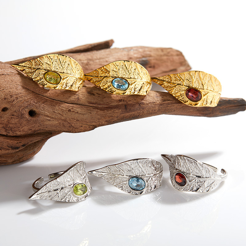 Original Cool Leaves Design Fashion S925 Sterling Silver Natural Topaz Olivine Garnet Colored Gems Ring for Women