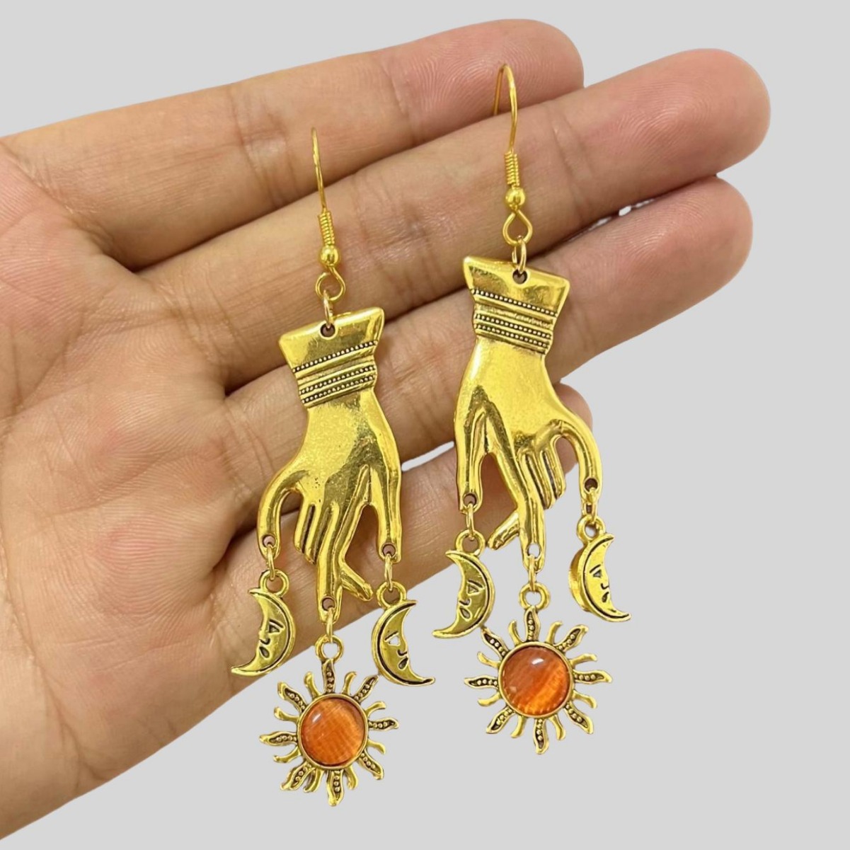 Golden Hand Chain Sun Dangle Earrings