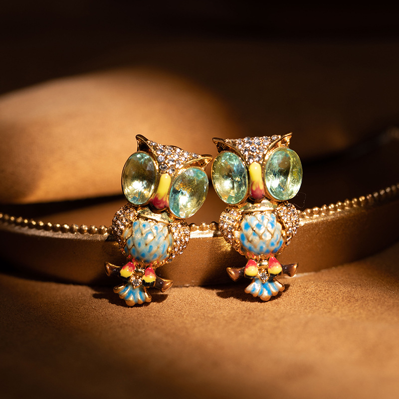 Love Birds Earrings Trendy Retro Versatile Cute Colored Diamonds Owl