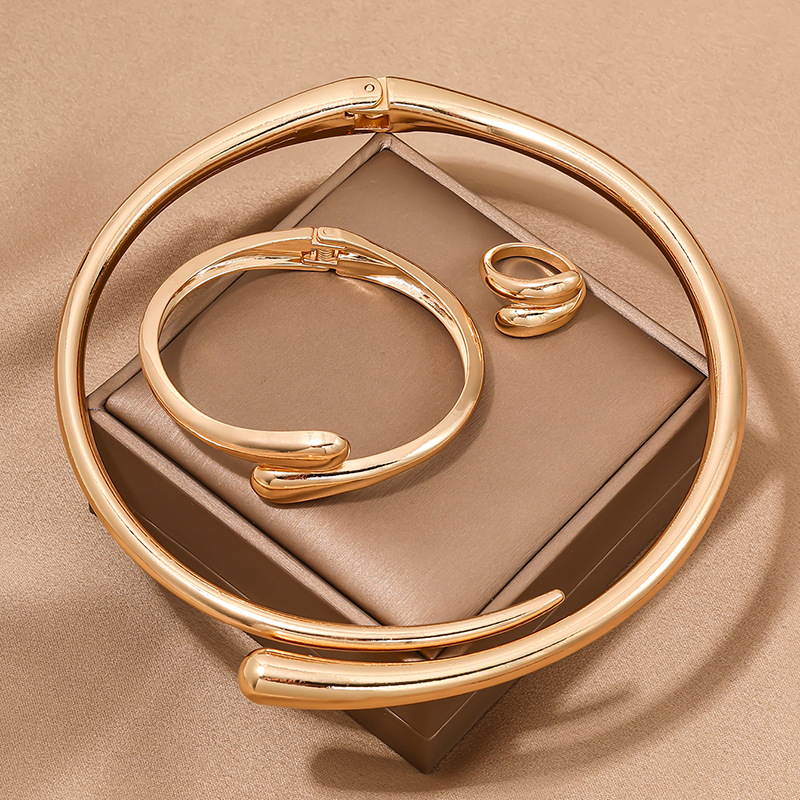 minimalist heavy metal temperament geometric circular glossy female collar bracelet ring jewelry set