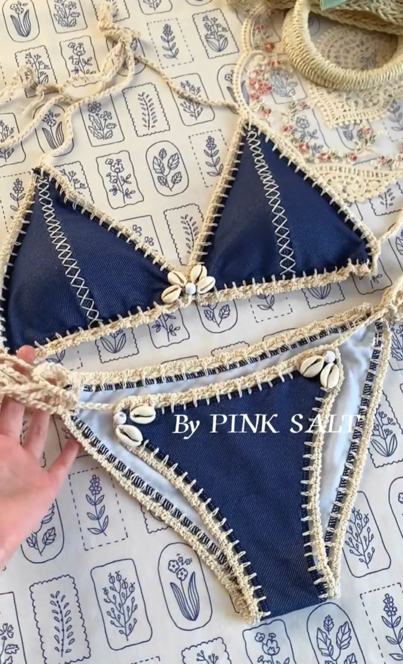 Denim seashell with fringe Triangle Bikini Set 