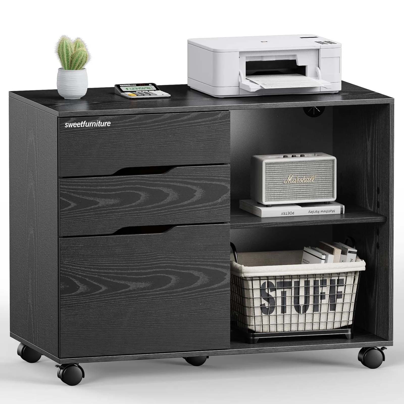 3 Drawer Filing Cabinet Wood Printer Stand with Storage Office Organize Cabinets with Wheels