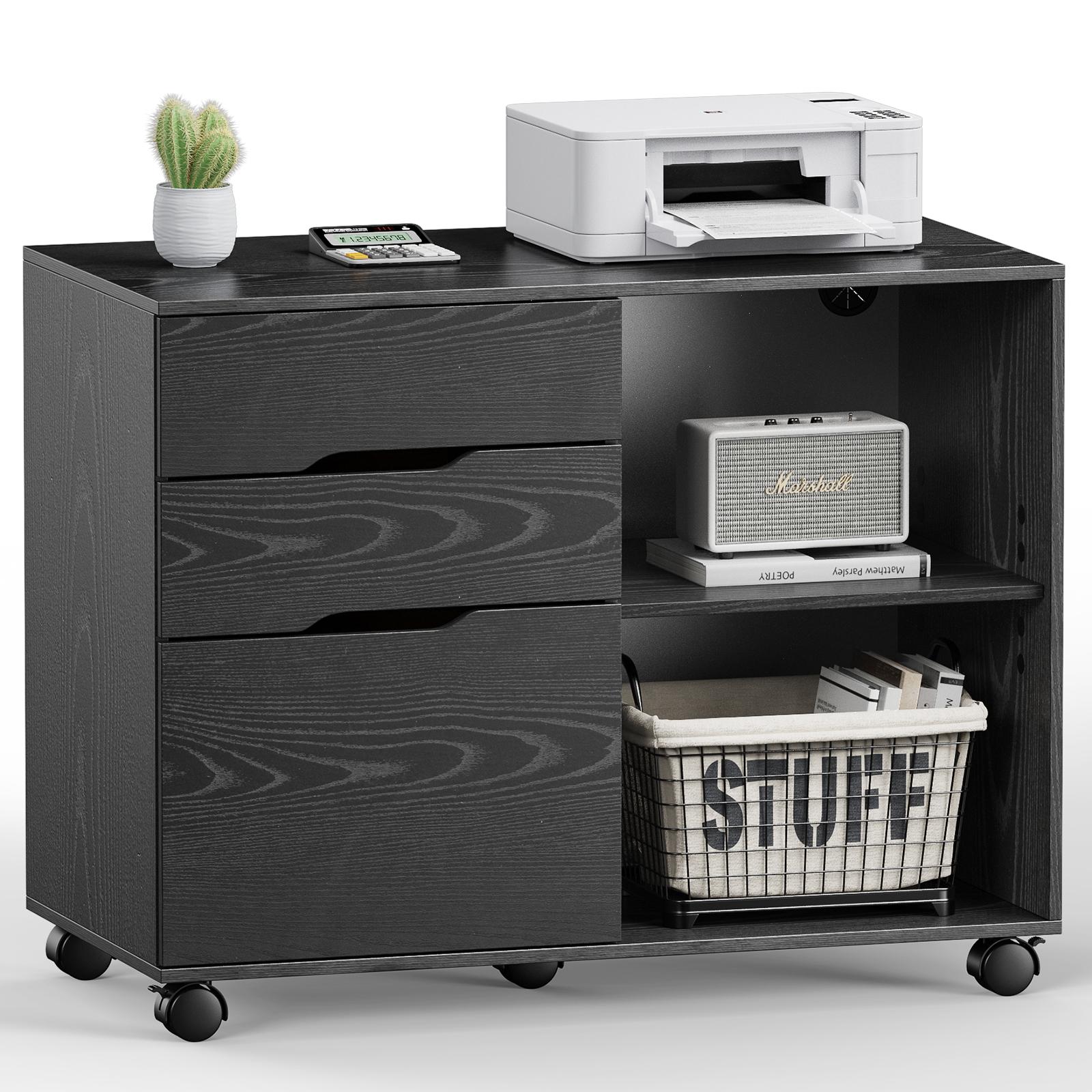 3 Drawer Filing Cabinet Wood Printer Stand with Storage Office Organize Cabinets with Wheels