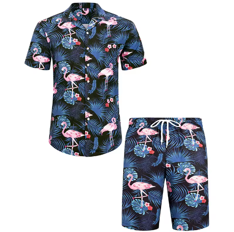 Men's Casual Summer Set 2-Piece Custom Aloha Shirt and Shorts Quick Dr