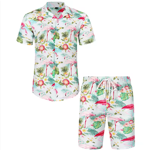 Men's Casual Summer Set 2-Piece Custom Aloha Shirt and Shorts Quick Dr