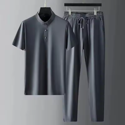 Wholesale Summer High Quality Two Pieces Set Men's Mandarin Collar Short Polo Shirt and Pants Men's Business Casual Outfits