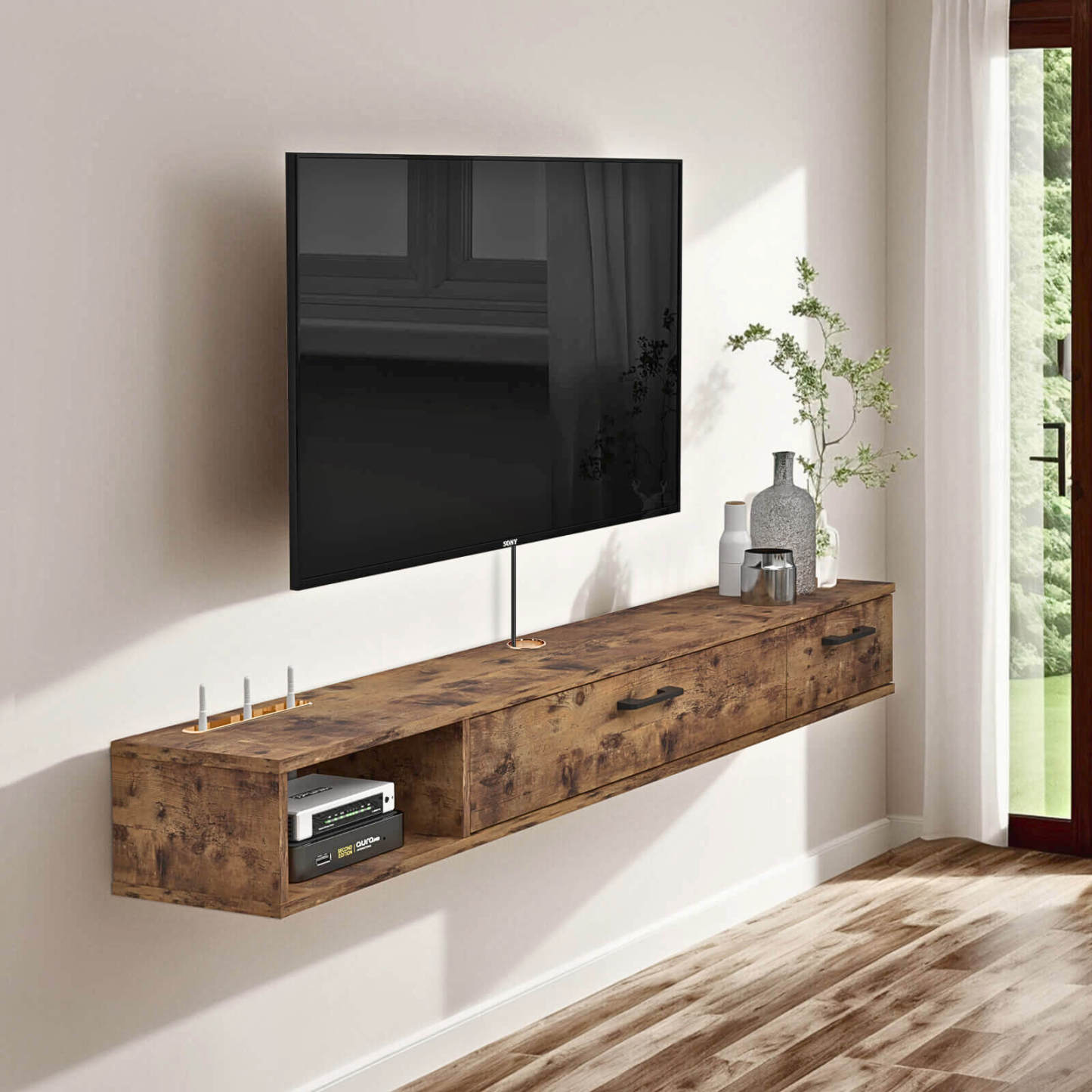 55.11" Rustic Brown Floating TV Stand with Two-Door Cabinets for 55" 60" TVs