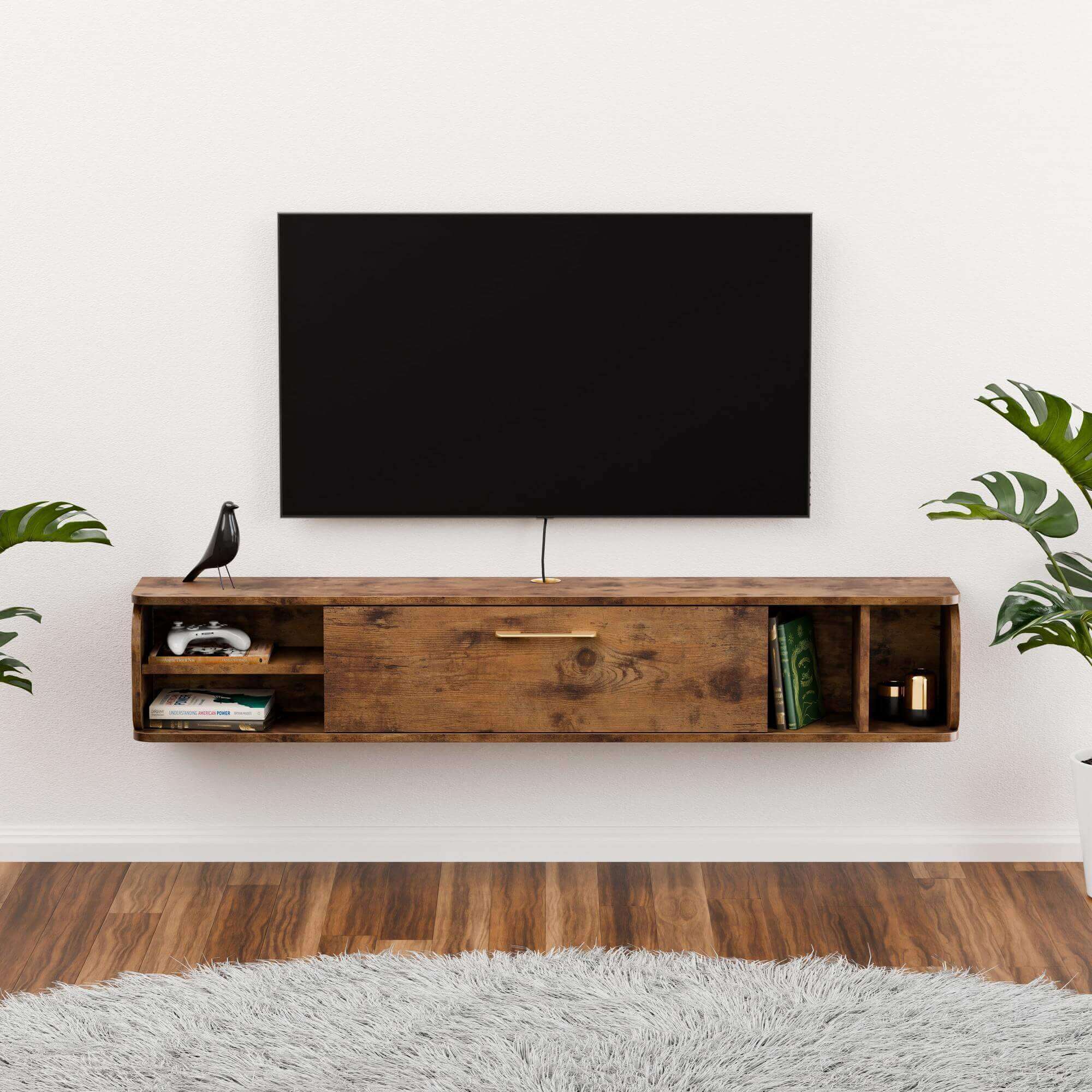 Rustic Brown Wood Floating TV Stand with Gold Accent for 55" 60" Televisions