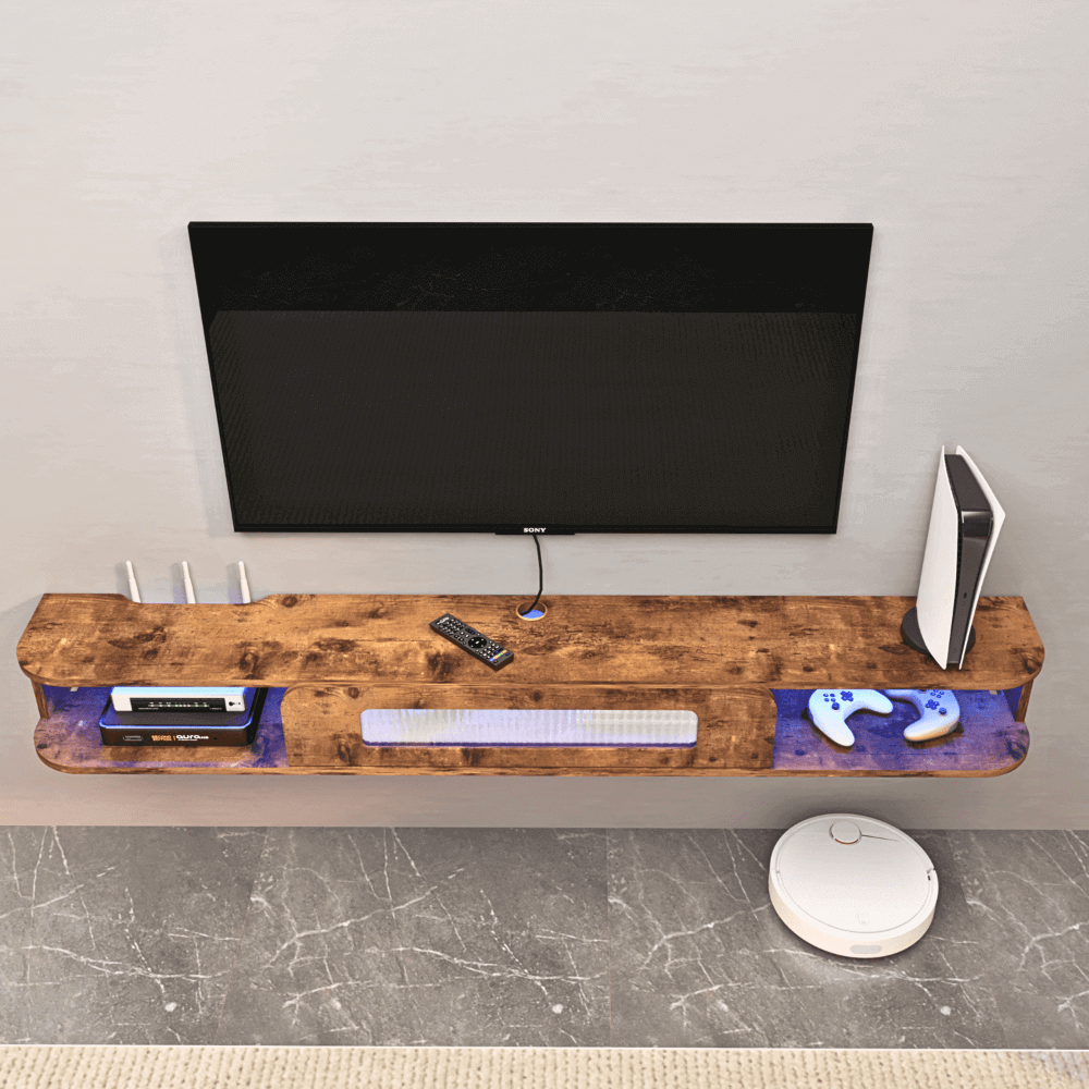 59" Rustic Brown Wood Floating TV Stand Wall Shelf with LED Lights and Glass Door for 65" TVs