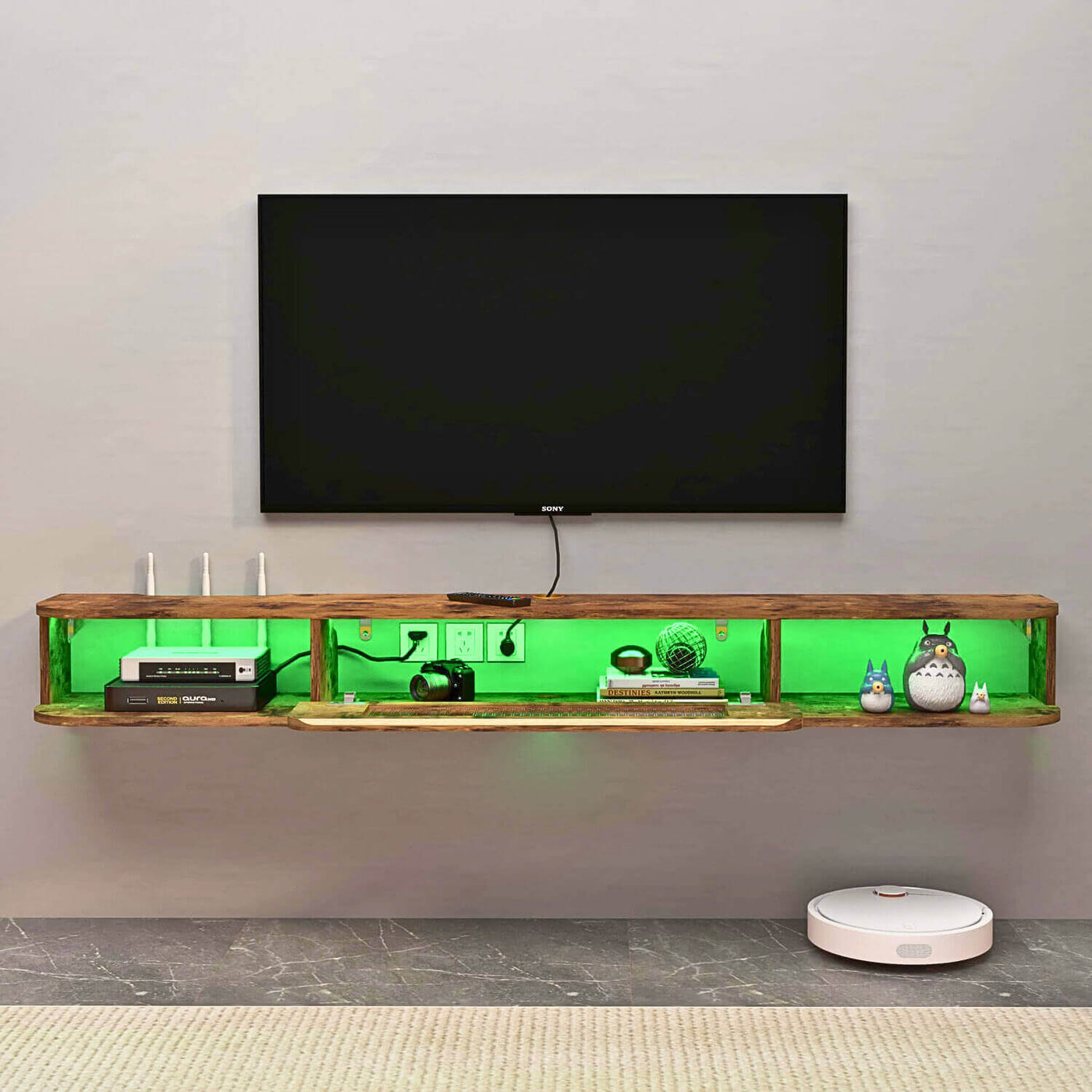 82.6" Rustic Brown Wood Floating TV Stand Wall Shelf with LED Lights and Glass Door Media Console for up to 85" Televisions-Hometvstand All Rights Reserved